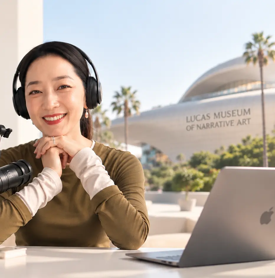 DJ Naomi 戴著耳機坐在錄音麥克風前，背景帶有 Lucas Museum 建築景觀